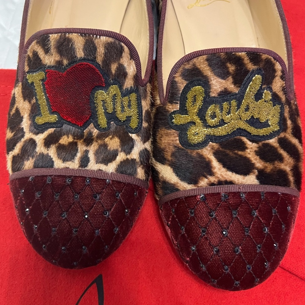 Christian Louboutin Leopard Print Embroidered Flats with Red & Green Accents - Picture 2 of 12